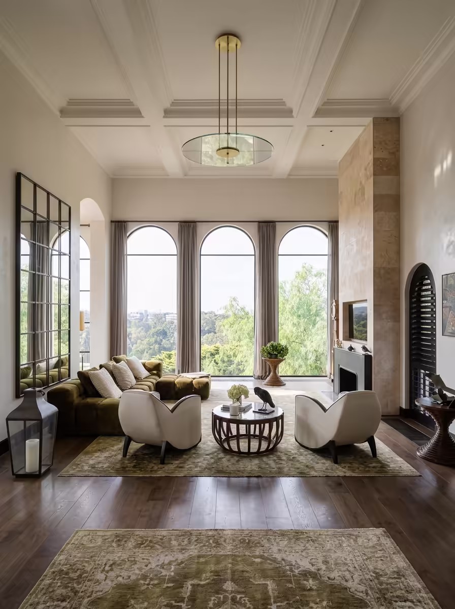 Fotografía inmobiliaria de alto standing mostrando un salón con vistas a Cataluña.